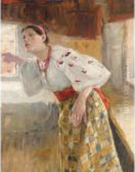 Ukrainian Peasant Woman Oil Painting by Nikolai Karnilovitch Pimonenko