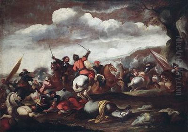 A Cavalry Engagement Between Christians And Ottomans Oil Painting by Giuseppe Pinacci