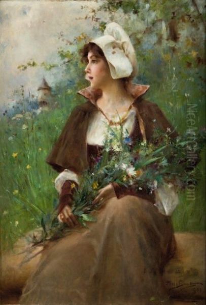 Paysanne Au Bouquet Oil Painting by Auguste Emile Pinchart