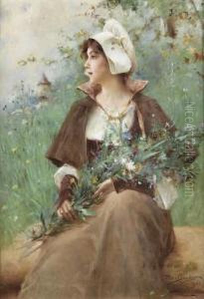 Jeune Femme Avec Bouquet De Fleurs. Oil Painting by Auguste Emile Pinchart