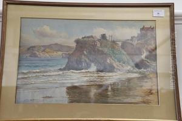 Newquay Island Bridge, And Another Coastal Scene Oil Painting by Douglas Houzen Pinder