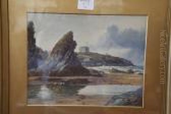 Newquay Looking Towards Huers Hut From Great Western Beach Oil Painting by Douglas Houzen Pinder