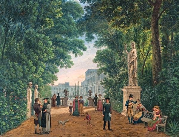 Veduta Del Giardino Di Villa Medici Con Visitatori E Artisti Oil Painting by Achille Pinelli