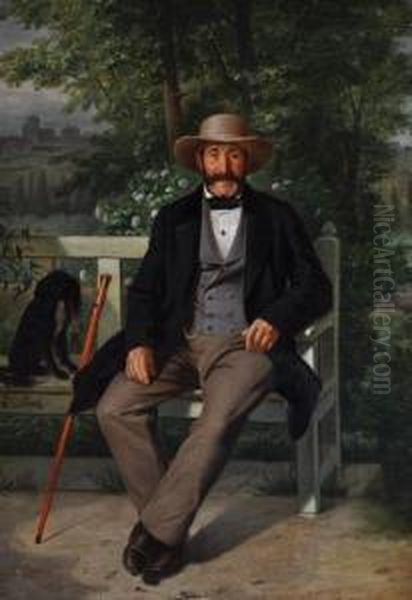 Portrait Of A Man And Dog On A Garden Bench Oil Painting by Charles Pinet