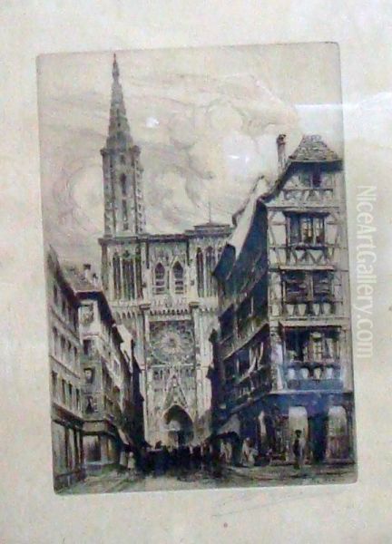 La Cathedrale Et La Rue Merciere A Strasbourg Oil Painting by Charles Pinet