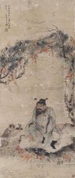 Zhong Kui Drinking By A Tree Oil Painting by Luo Ping