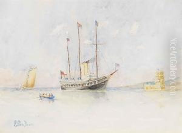 Vista Do Riotejo Com O Iate Real Ingles 'victoria And Albert' E A Torre De Belem Oil Painting by Antonio Pinto Basto