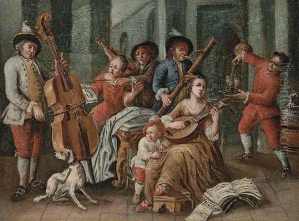 Elegant Company Making Music In A Garden Oil Painting by Niccolo Pintucci