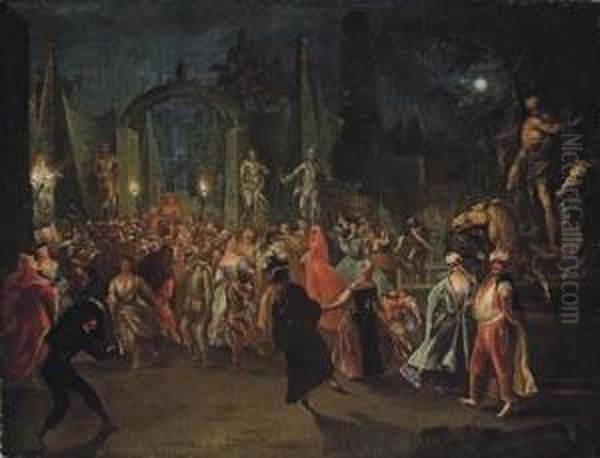 A Masked Ball In A Moonlit Ornamental Garden Oil Painting by Niccolo Pintucci