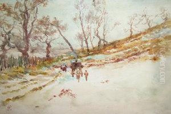 Cart And Horses In A Winter Woodland Landscape Oil Painting by George John Pinwell