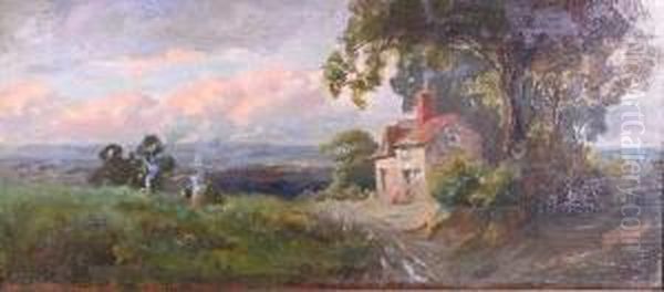 Pinwell, Rws 'a Cottage In An Extensivewooded Landscape' Oil Painting by George John Pinwell