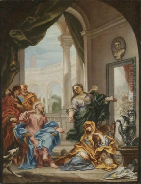 Christ In The House Of Martha And Mary Oil Painting by Paolo Girolamo Piola