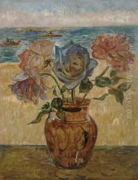 Vase De Fleurs Devant La Mer Oil Painting by Rene Piot