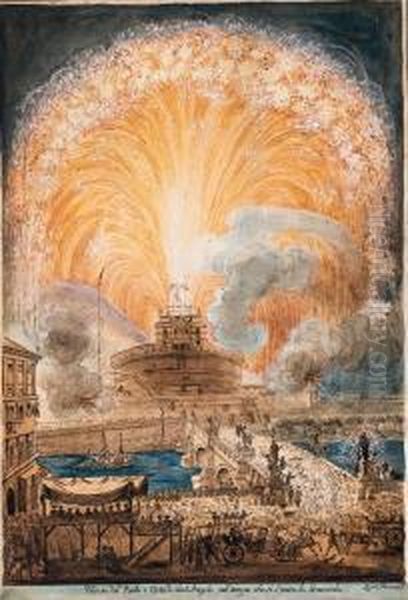 Le Feu D'artifice Au Chateau Saint-ange, Rome, D'apresdesprez Oil Painting by Laura Piranesi