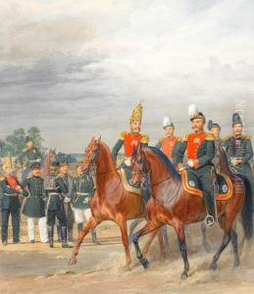 Mounted Officers And Men Oil Painting by Karl Karlovich Piratsky