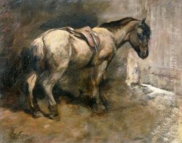 Saddled Pony In Stable Interior Oil Painting by George Pirie