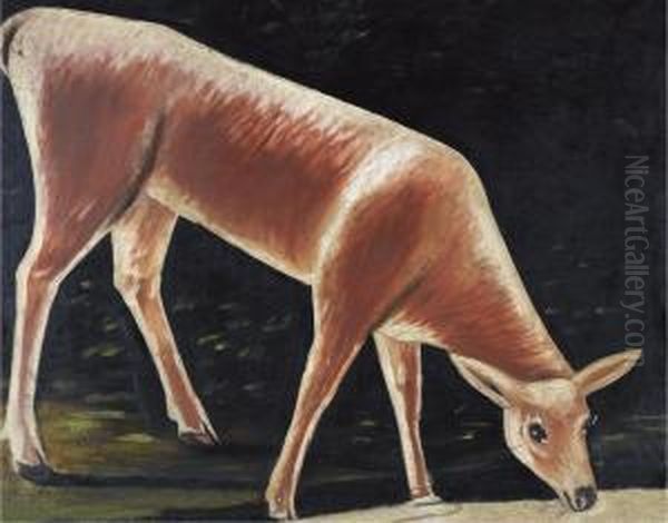 Roe Deer Drinking From A Stream Oil Painting by Niko Pirosmani