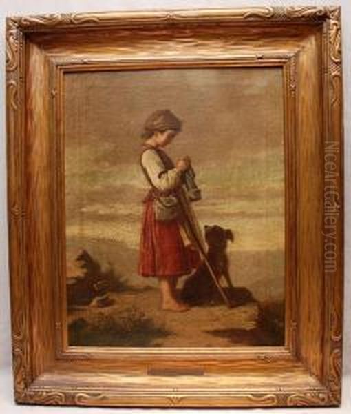 Girl On Shore With Dog Oil Painting by Louis Pisani