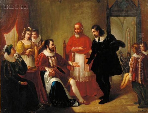 Cardinal D' Este Presenting Torquato Tasso To The Duke Offerrara And His Sisters, Lucrece And Leonore Oil Painting by Louis Pisani