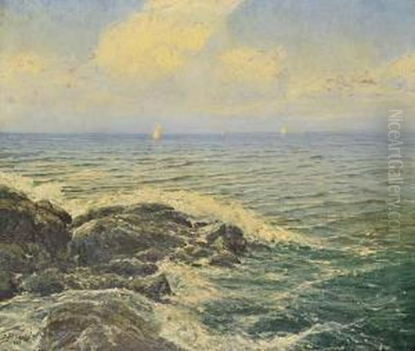 A Sea With Yachts Oil Painting by Josef Pisecky