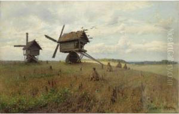 Landscape With Windmills Oil Painting by Aleksey Alexandrov. Pisemsky