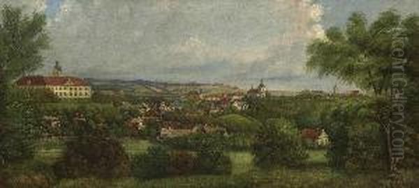 Blick Auf Munchengratz Mit Schloss
 Waldstein-wartenberg. by Bedrich Friedrich Piskac