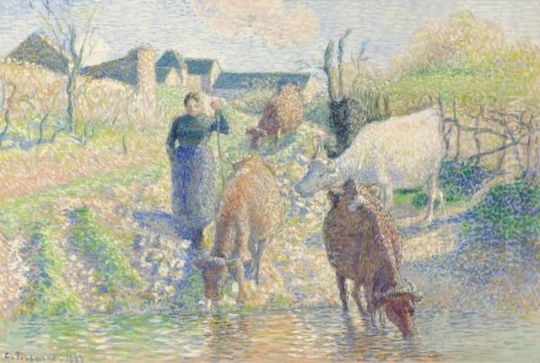 Vaches S'abreuvant Dans Un Ruisseau, Osny Oil Painting by Camille Pissarro