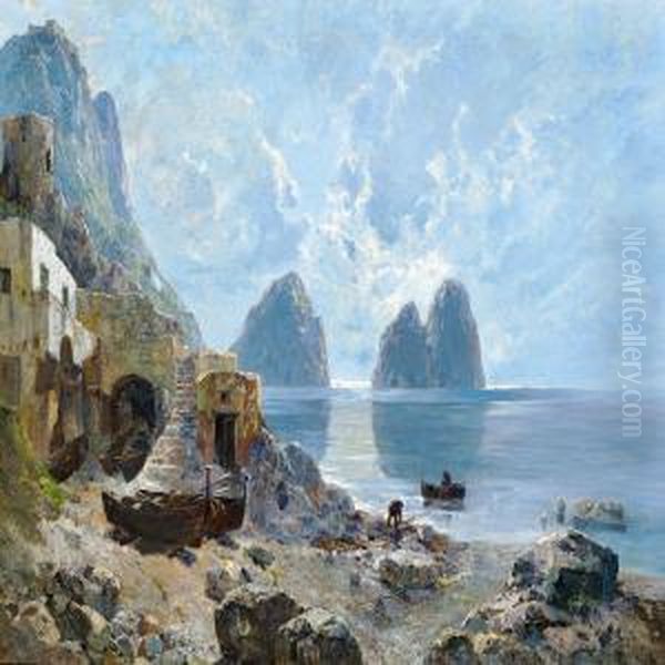 The Rocky Coast Of Capri With The Faraglioni In Morninglight Oil Painting by Enrico Ulrico Pistilli /