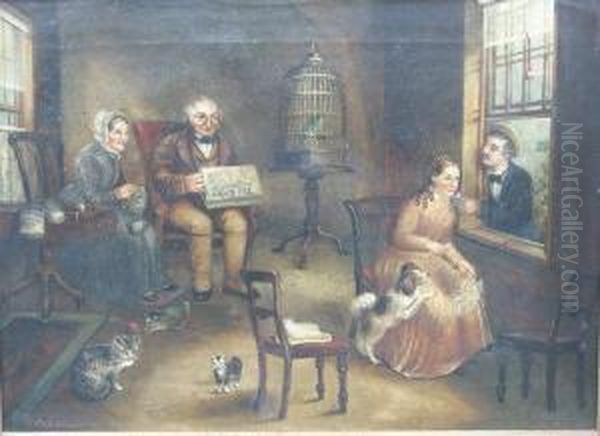 A Family Group In An Interior With Spaniel Oil Painting by P. Pitcher