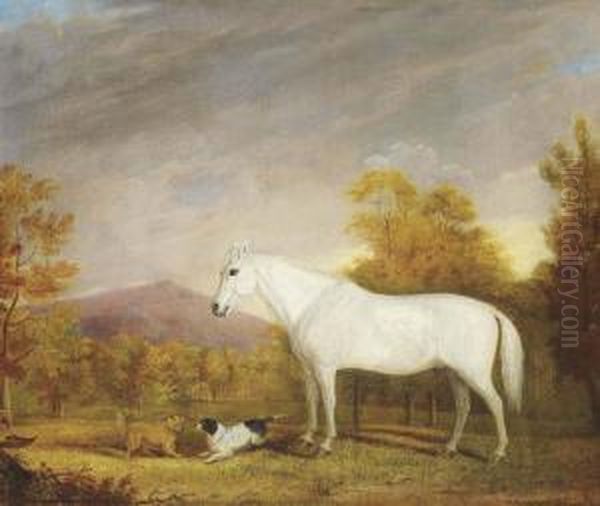 A White Hunter And Two Terriers In A Landscape Oil Painting by John Pitman