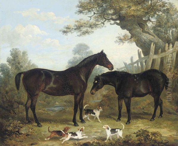 Two Chestnut Hunters, With Puppies Playing In The Foreground Oil Painting by John Pitman