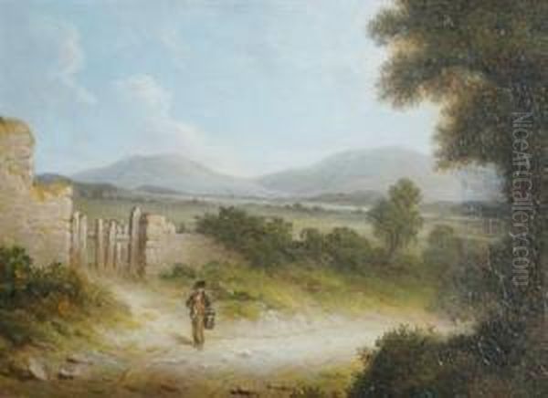 Figure On A Country Path, Stirling In The Distance Oil Painting by John Pitman