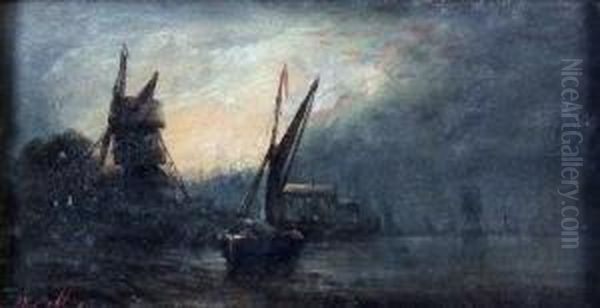 Estuary Scene At Night, 
Card 6ins X 11.5ins Oil Painting by William Pitt