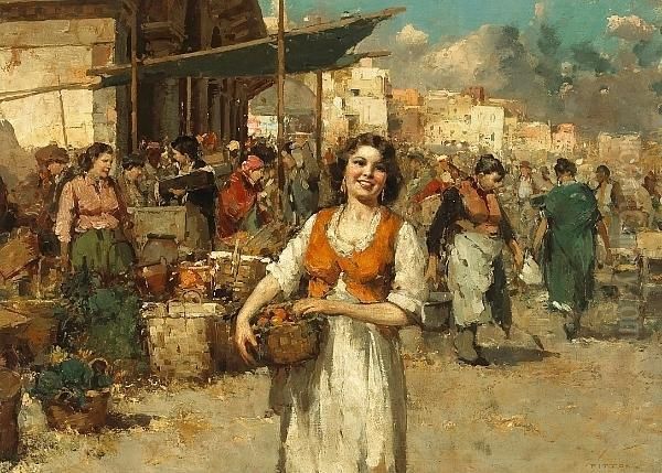 A Market Scene With A Woman Holding A Basket In The Foreground; Also A Companion Painting (a Pair) Oil Painting by Giuseppe Pitto