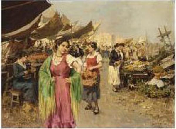 A Vegetable Market In An Italian City Oil Painting by Giuseppe Pitto