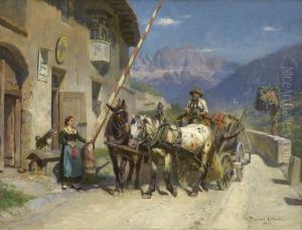 Tiroler Bauer Mit Pferdefuhrwerk An Der Grenzstation Oil Painting by Max Joseph Pitzner