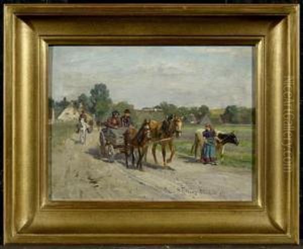 Coach Leaving A Village Oil Painting by Max Joseph Pitzner