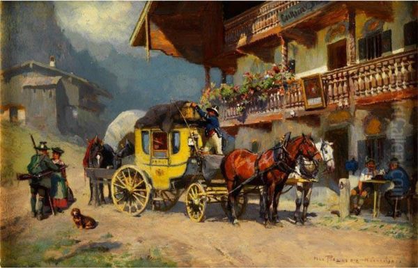 Postkutsche Vor Einem Garmischer Gasthof Oil Painting by Max Joseph Pitzner