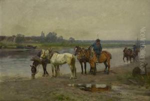 Treidler Am Flussufer. Oil Painting by Max Joseph Pitzner