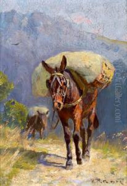 Maultiere Am Bergpfad Oil Painting by Max Joseph Pitzner