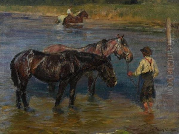 Pferde Am Fluss Oil Painting by Max Joseph Pitzner