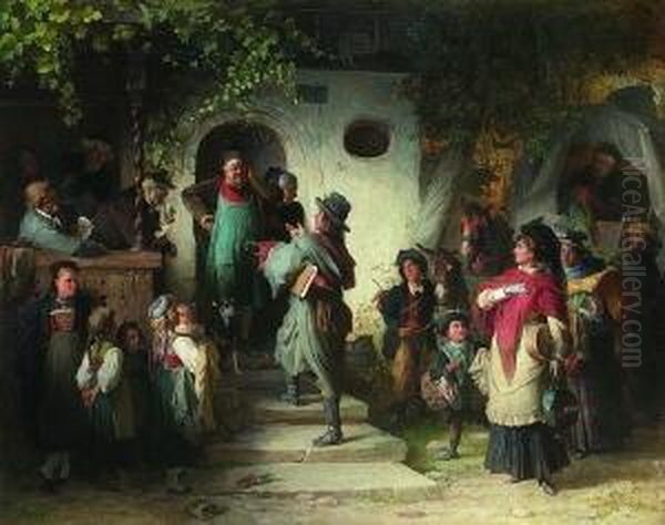 Bedenkliche Ankunft Einer
 Wandernden Schauspielertruppe Vor Einem Dorfwirtshaus. Oil Painting by Theodor Pixis