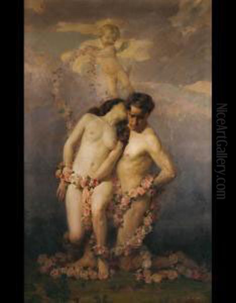 Venere E Adone Incoronati Da Amore Oil Painting by Oreste Pizio