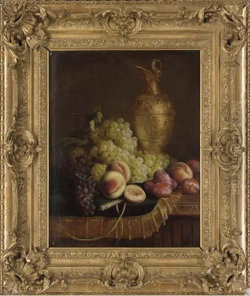 Grapes, Peaches, Plums And An Ornamental Bronze Ewer On A Draped Ledge Oil Painting by C. J. Pizzetta