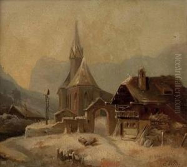 Winterliches Dorf Mit Kirche In Derramsau Oil Painting by Monogrammist Pl Or Dl