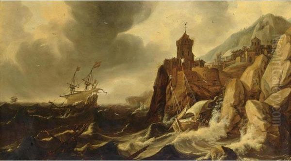 A Rocky Coast With Ships And Shipwrecking In Stormy Weather, With A Fortified Town On A Cliff Oil Painting by Monogrammist Pl Or Dl