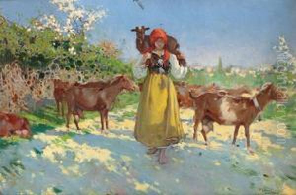 Campesina Con Cabras Oil Painting by Alberto Pla y Rubio