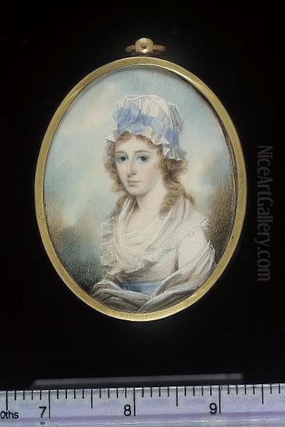 A Lady, Wearing White Dress With Fichu And Blue Waistband, White Shawl And White Mob Cap With Blue Ribbon Decoration Oil Painting by George Place