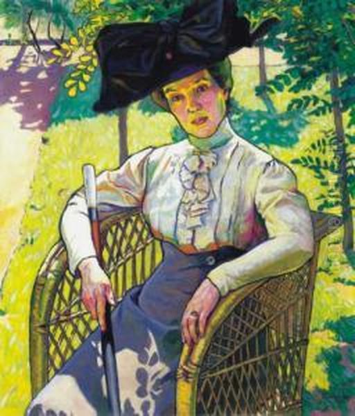 Lady Wearing A Hat In A Sunlit Garden Oil Painting by Ervin Plany