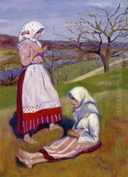 Girls In The Open Air Oil Painting by Ervin Plany